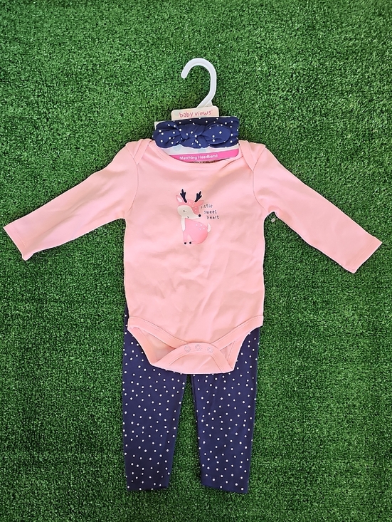 Other - Baby Pink Deer Bodysuit with Navy Polka Dot Pants & Headband